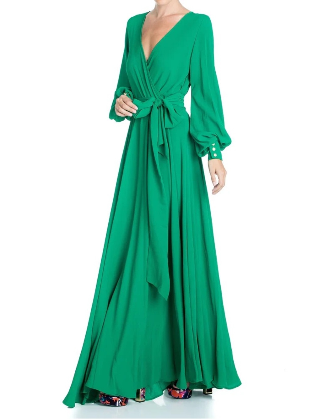 Meghan Los Angeles Lilypad Surplice Maxi Dress Long Sleeves Kelly Green XL